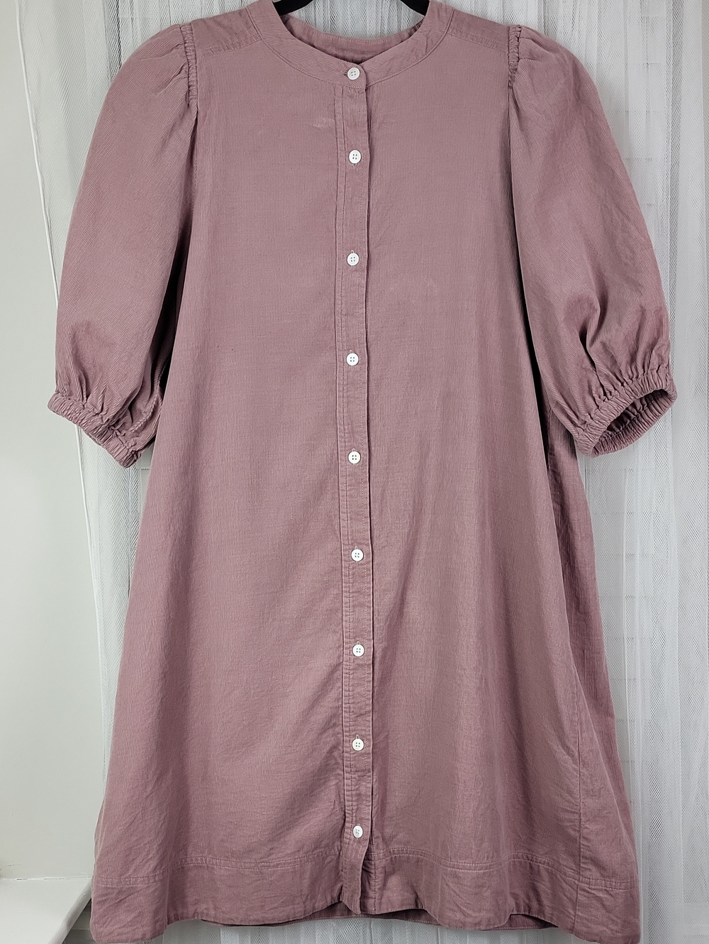 Madewell Corduroy Dusty Rose Button-Front Puff Sleeve Dress. Size S